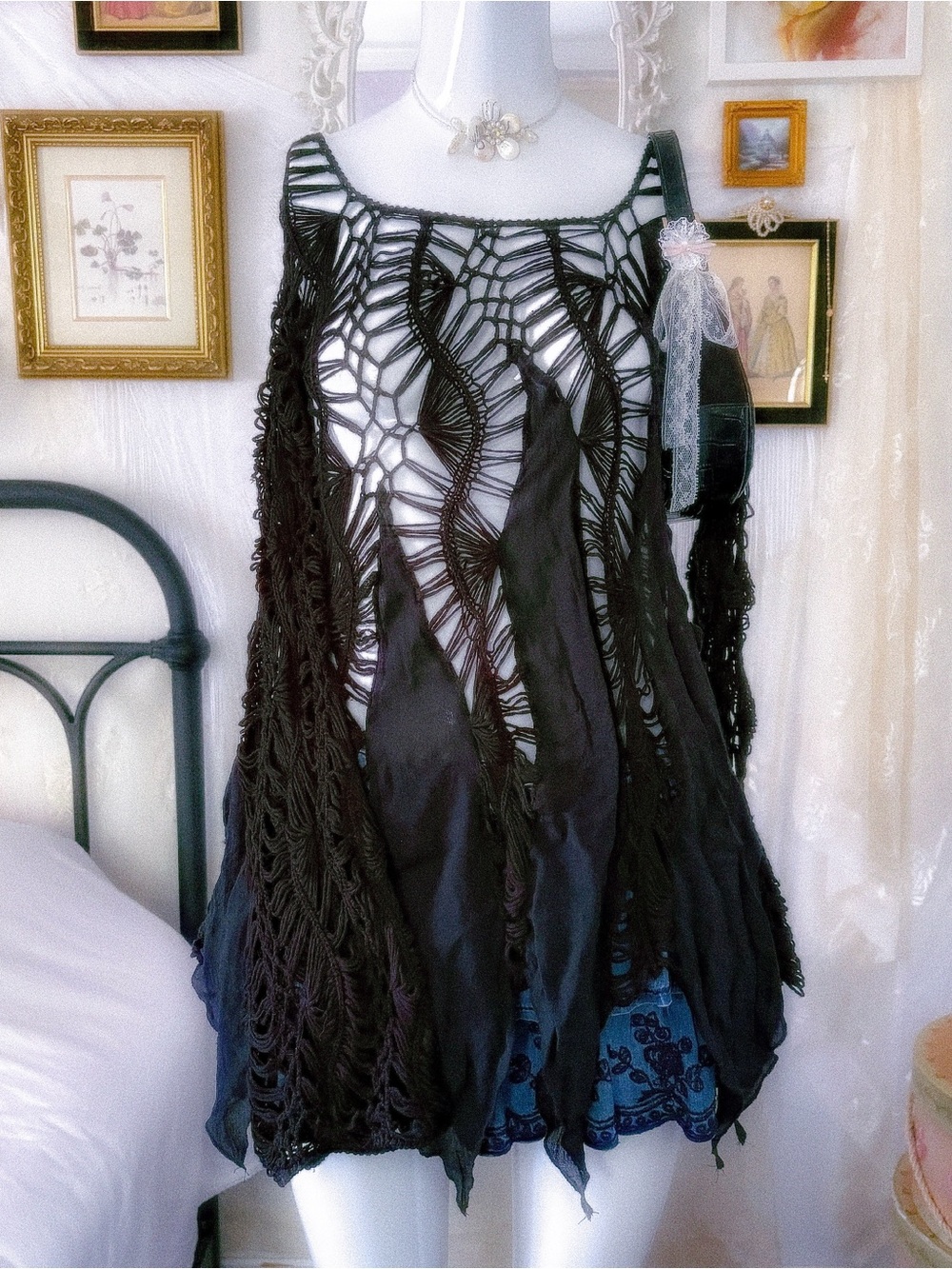 Y2K whimsigoth grunge web hollow-out knit black top